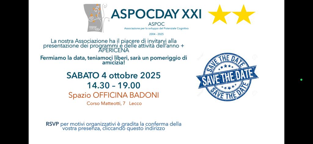 ASPOCDAY XXI Sabato 4 Ottobre 2025 h14:30-19:00 Spazio Officina Badoni ...